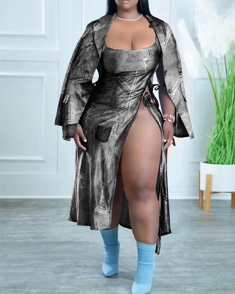 

Plus Size Denim Look Print High Slit Dress & Blazer Set, Black