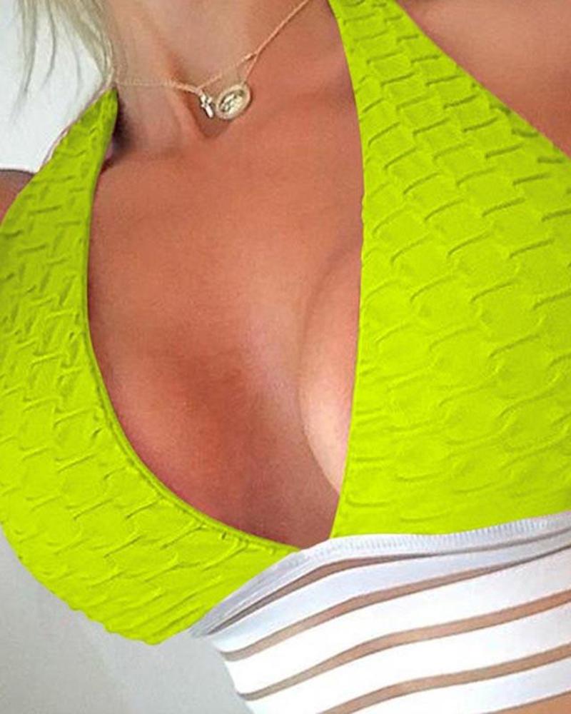 

Color Block Embossing Halter Sleeveless Skinny Cropped Top, Green