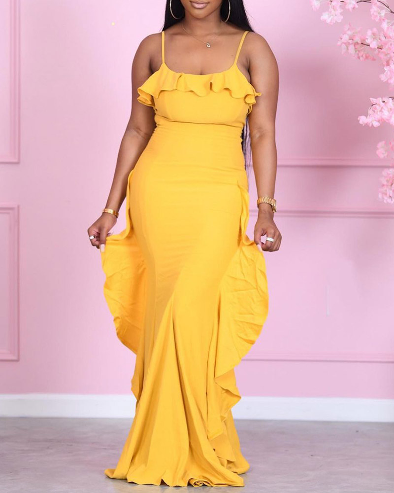 

Spaghetti Strap Ruffles Trim Maxi Dress, Yellow