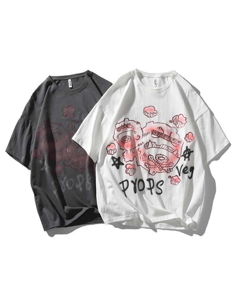 

Cartoon Patterns Print Short Sleeve Loose T-shirts, White