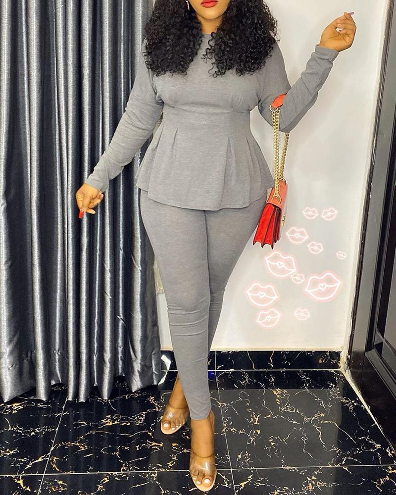 

Corset Ruffles Long Sleeve Top & Pants Set, Gray