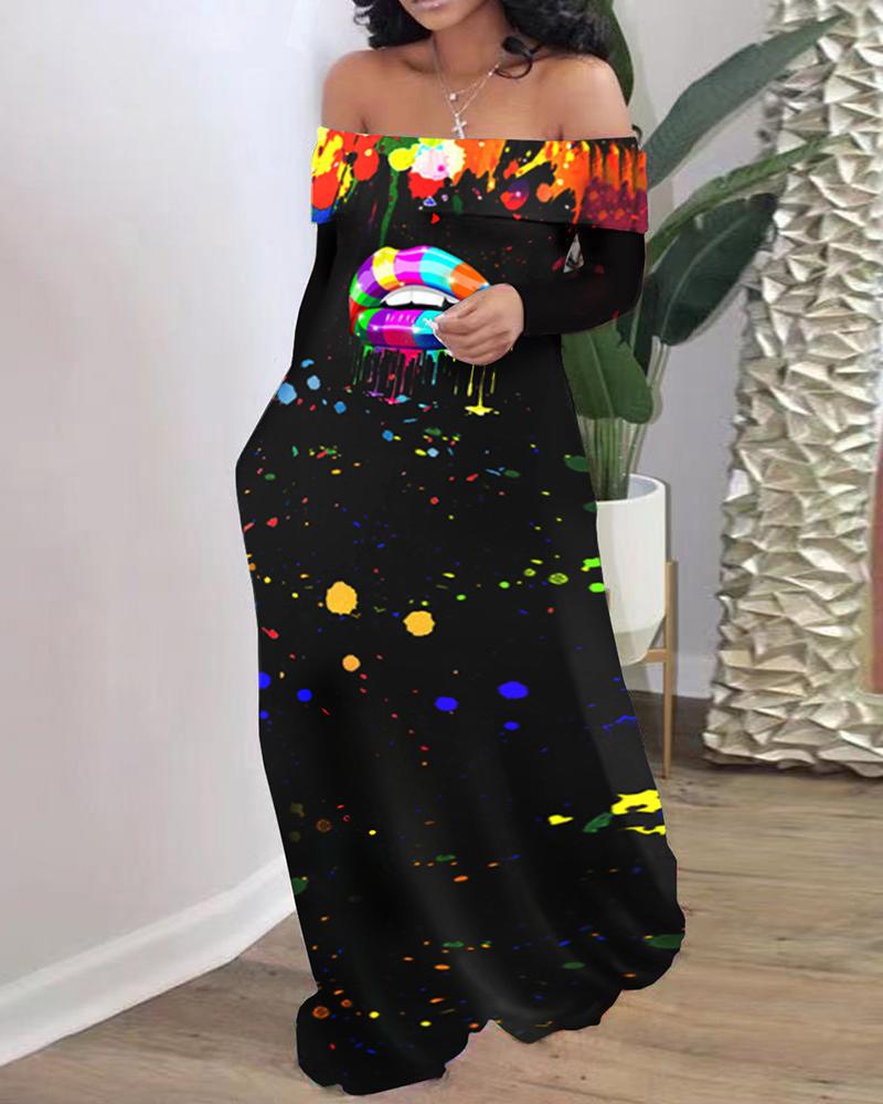 

Plus Size Ink Splash Lip Letter Print Off Shoulder Maxi Dress, Style2