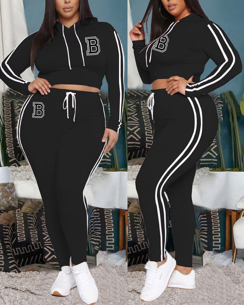 

Plus Size Letter Print Long Sleeve Drawstring Hoodie & Pants Set, Black