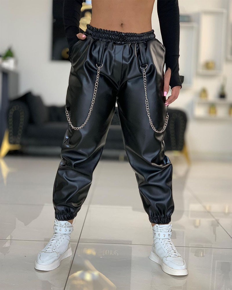 

Chain Decor PU Leather Cuffed Pants, Black