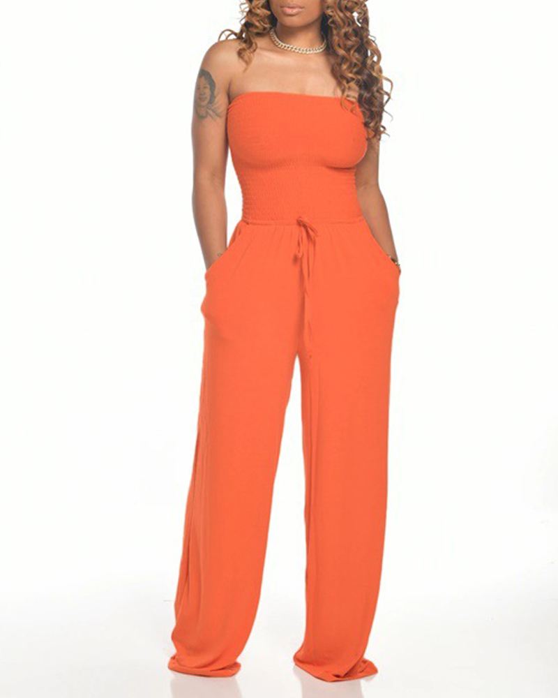 

Shirred Bandeau Pocket Detail Drawstring Jumpsuit, Orange