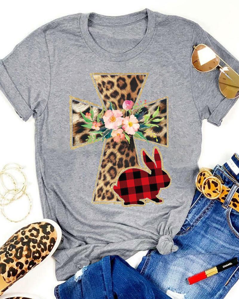 

Easter Bunny Cross Floral Print Short Sleeve T-Shirt, Gray