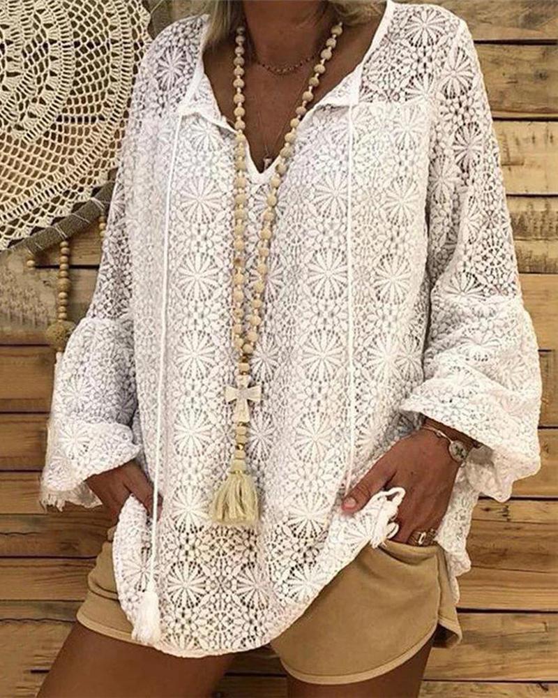 

Lantern Sleeve Tassel Decor Lace Top, White
