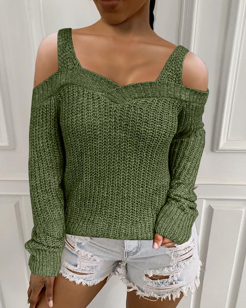 

Plain Long Sleeve Cold Shoulder Sweater, Green