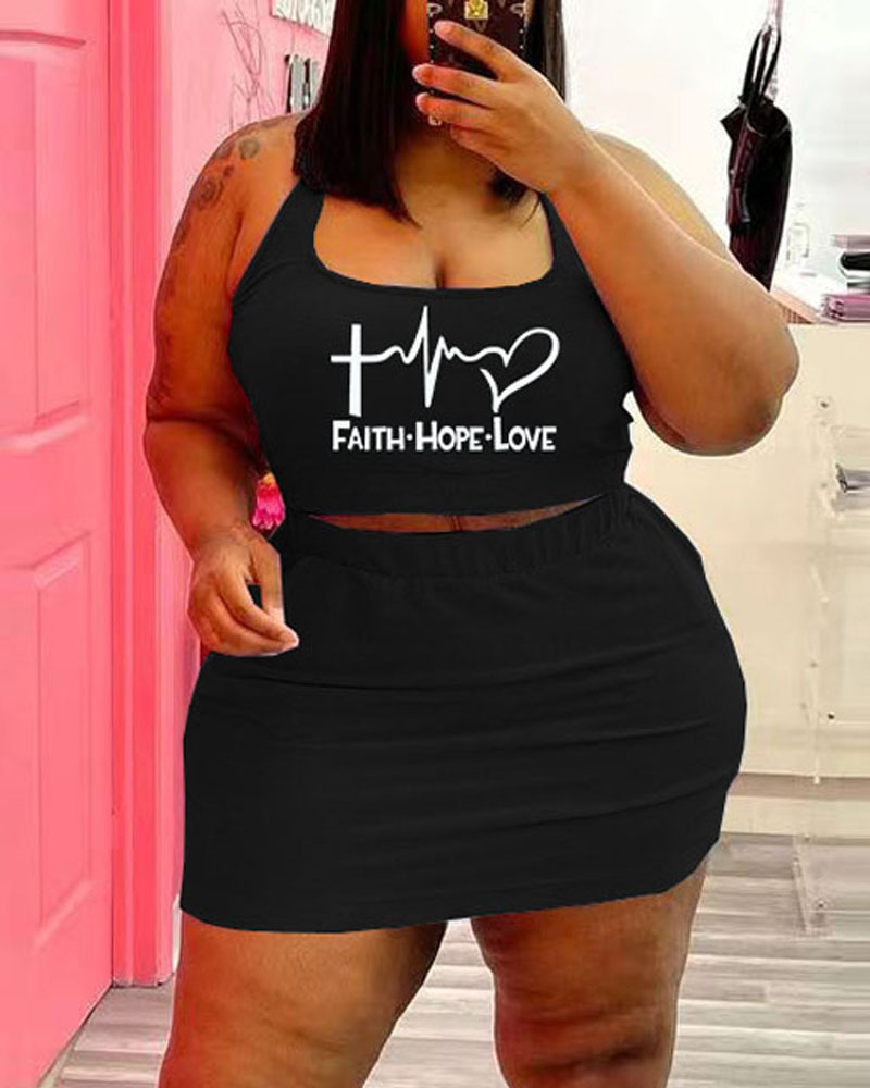 

Plus Size Letter Heart Print Crop Tank Top & Skirt Set, Black