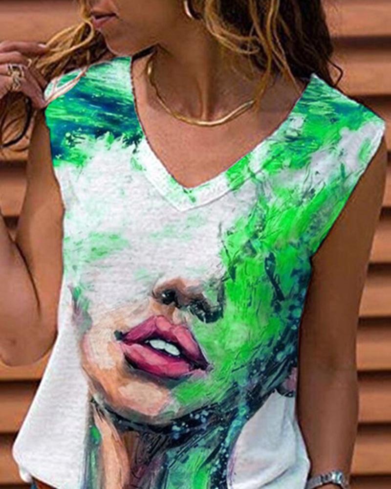 

Figure Splash Print Sleeveless Loose Tanks, Green