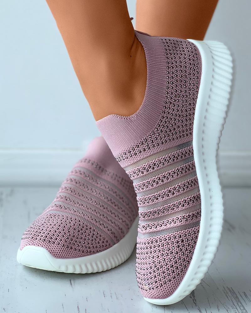 

Rhinestone Decor Breathable Knit Casual Sneaker, Pink