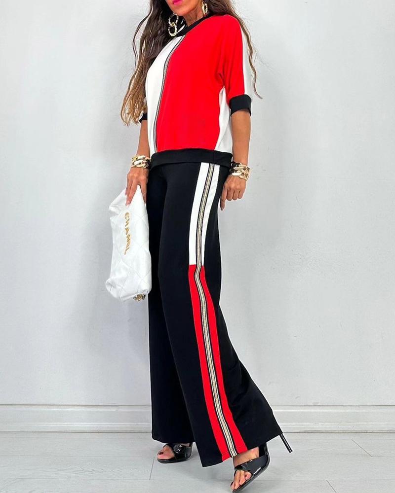 

Colorblock Top & Striped Wide Leg Pants Set, Red