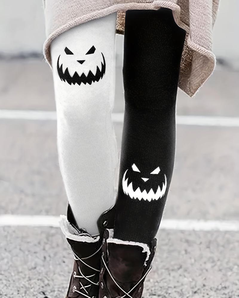 

Halloween Pumpkin Scary Face Print Colorblock Skinny Leggings, Black
