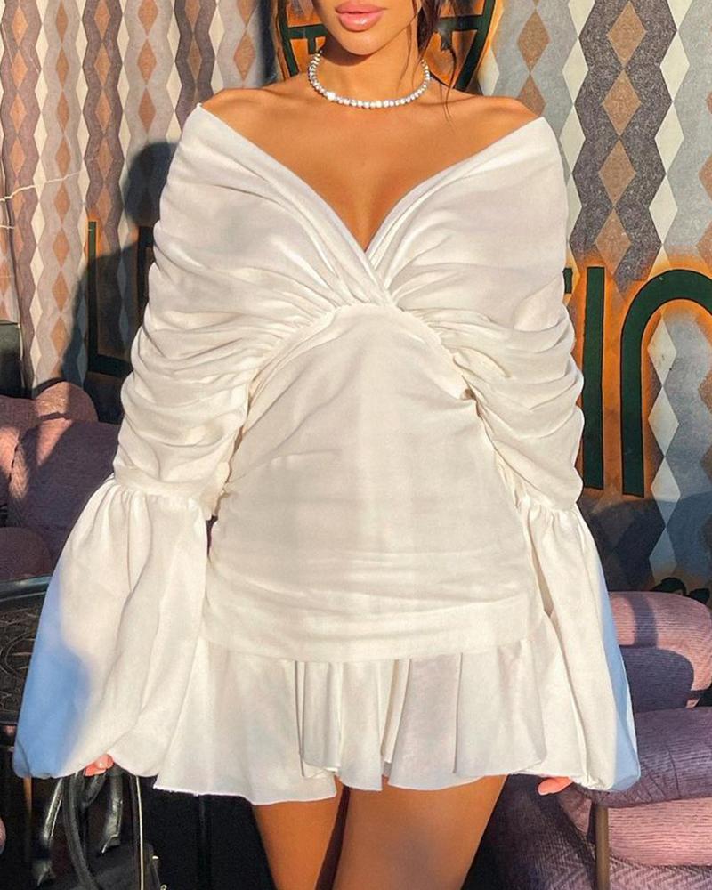 

Ruched Bell Sleeve V-Neck Casual Dress, White