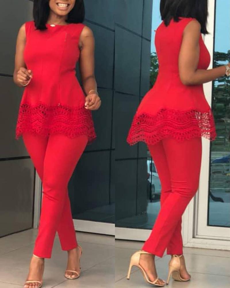 

Lace Embroidery Sleeveless Top & Pants Set, Red