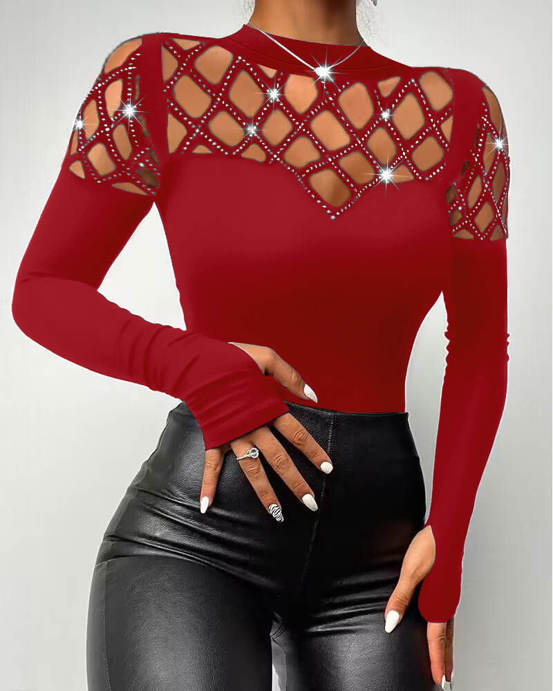 

Top ombro a ombro vazado com strass, Wine red