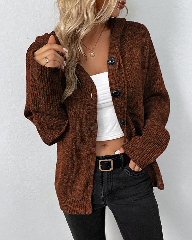 

Long Sleeve Buttoned Drawstring Hooded Knit Cardigan, Dark brown