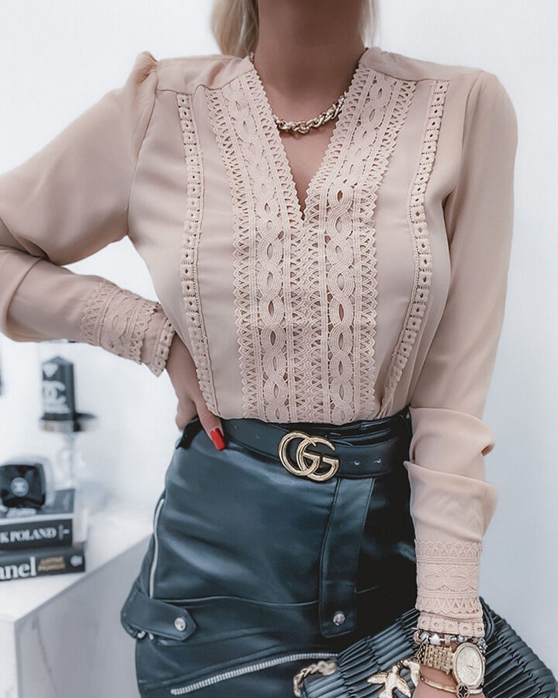 

Contrast Lace Long Sleeve Top, Apricot