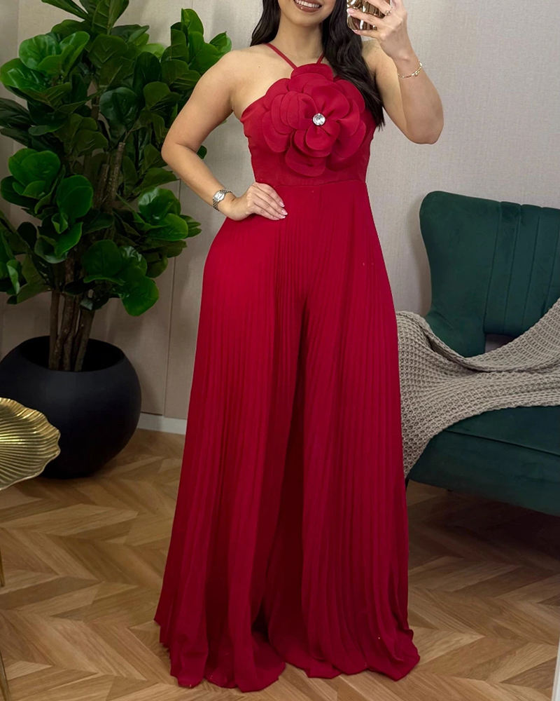 

Mono elegante con cuello halter, cintura ancha y plisado, con decoración de flores en 3D y brillantes diamantes de imitación, Red