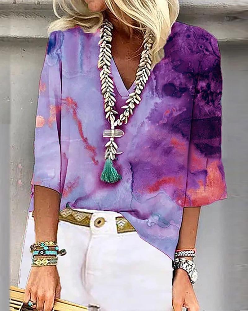 

Marble Print V-Neck Casual Top, Purple