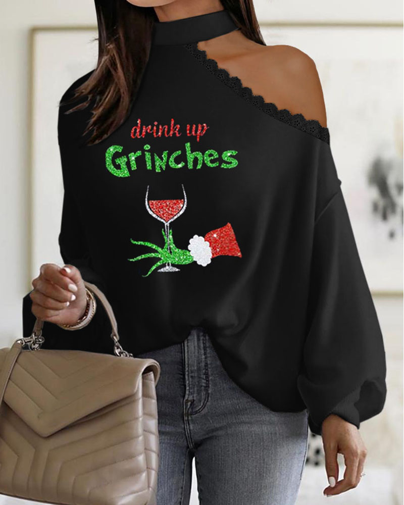 

Christmas Grinches Lantern Sleeve Lace Patch Cold Shoulder Top, Black