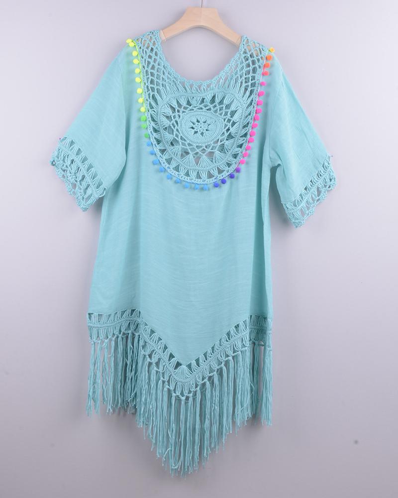 

Colorful Pom Pom Tassel Design Cutout Cover Up Dress, Blue