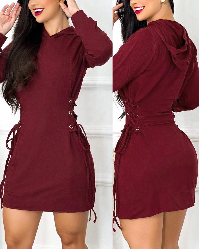 

Eyelet Lace-up Hooded Sweatshirt Dress, Red