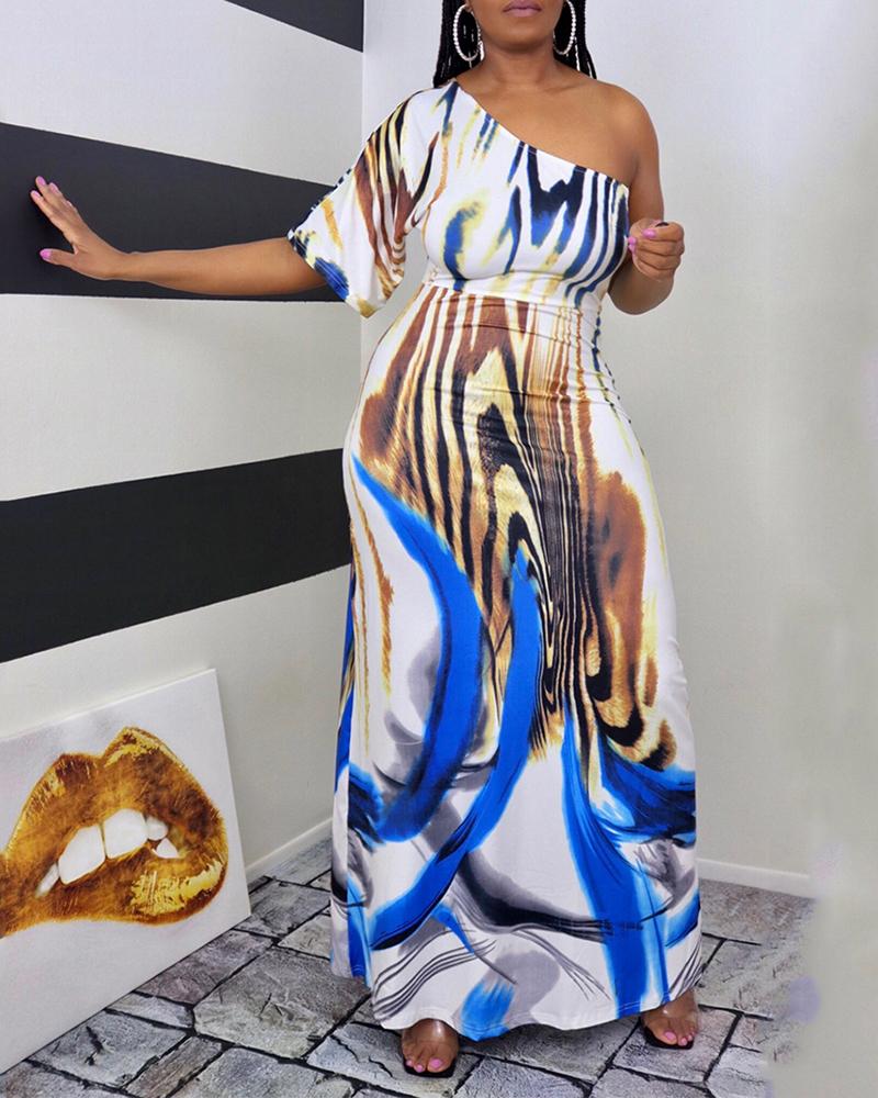 

One Shoulder Animal Pattern Print Maxi Dress, Multicolor