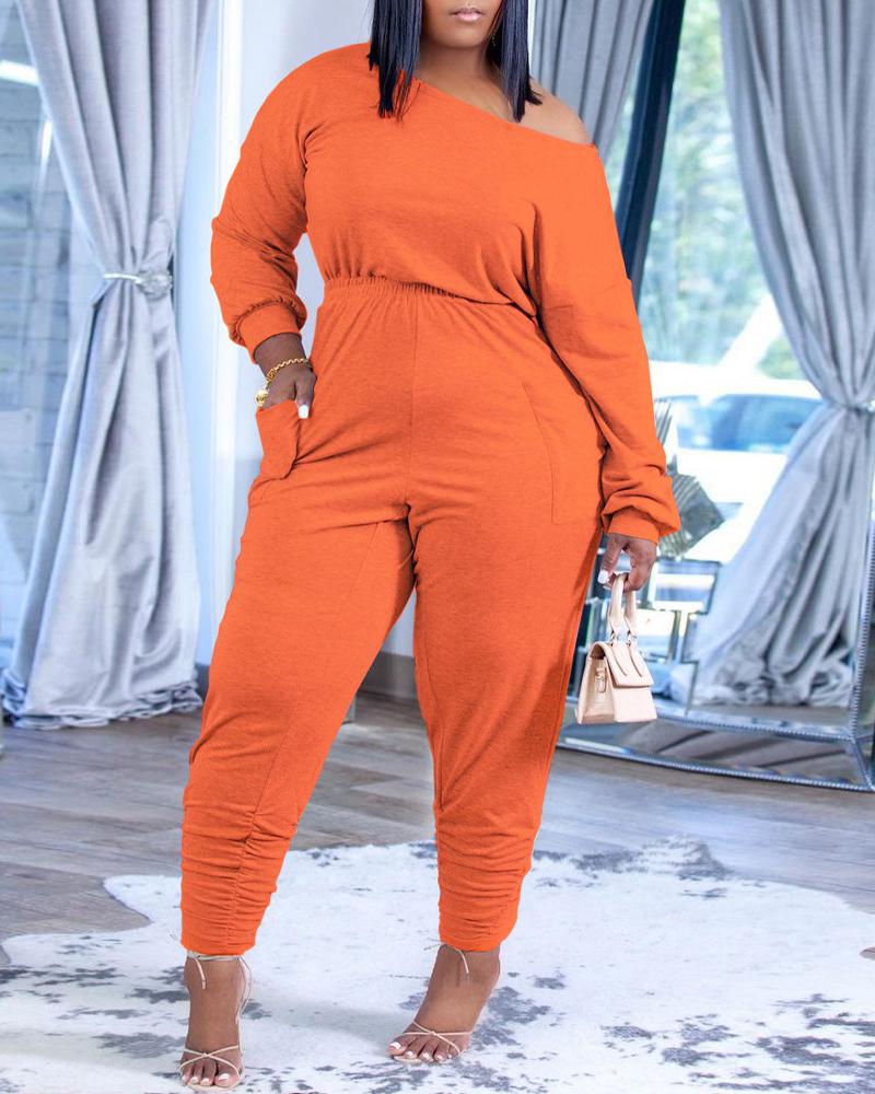 

Plus Size Pocket Detail Long Sleeve Jumpsuit, Orange