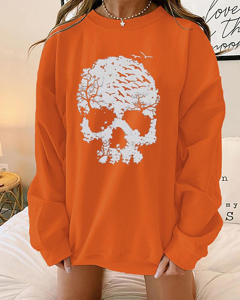 

Plus Size Halloween Skull Print Long Sleeve Sweatshirt, Orange