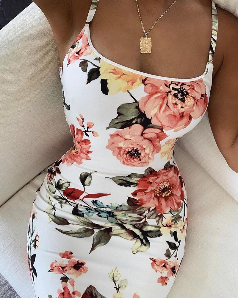 

Floral Print Bodycon Cami Dress, White