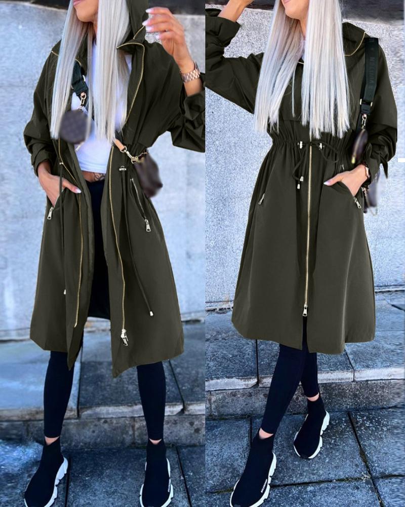 Hooded Drawstring Zipper Design Longline Coat