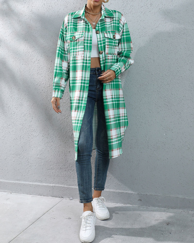 

Plaid Print Flap Detail Button Down Longline Shacket, Green