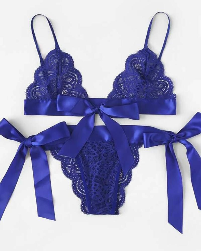

Satin Tied Detail Crochet Lace Lingerie Set, Blue