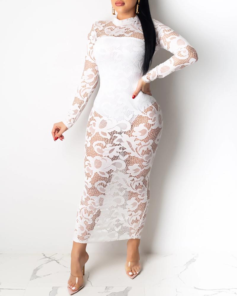 

Sheer Mesh Lace Insert Midi Dress With Lining, White