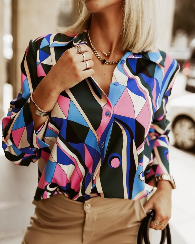 

Geometric Print Long Sleeve Button Down Shirt, Blue