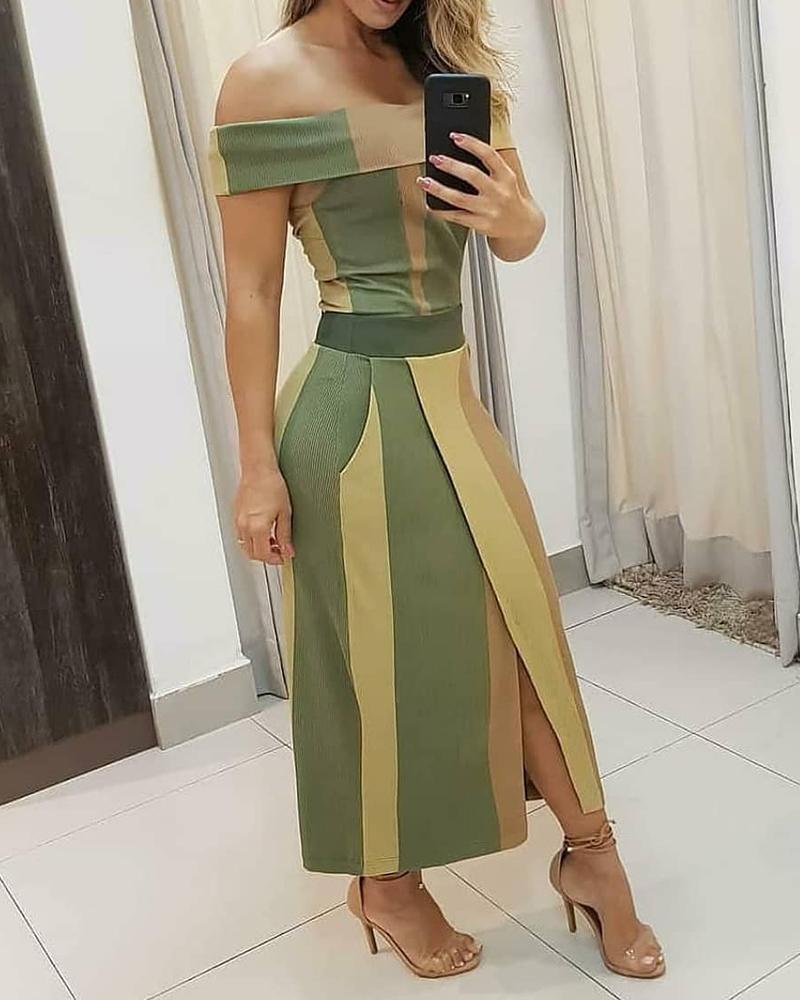 

Colorblock Off Shoulder High Slit Maxi Dress, Green