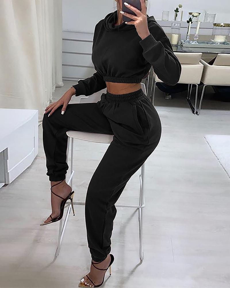 

Long Sleeve Hooded Sweatshirt & High Waist Pants Set, Black