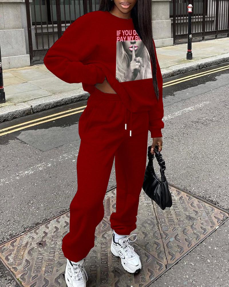 

Slogan Print Long Sleeve Top & Drawstring Pants Set, Wine red