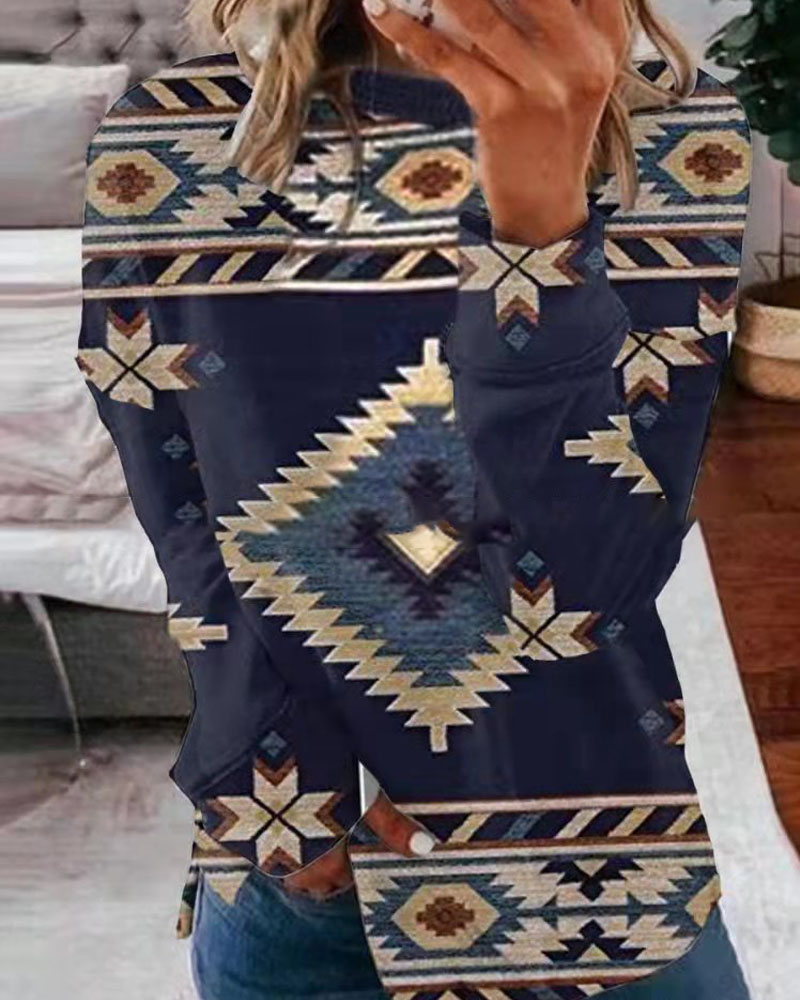 

Geo Print Long Sleeve Retro Sweatshirt, Blue