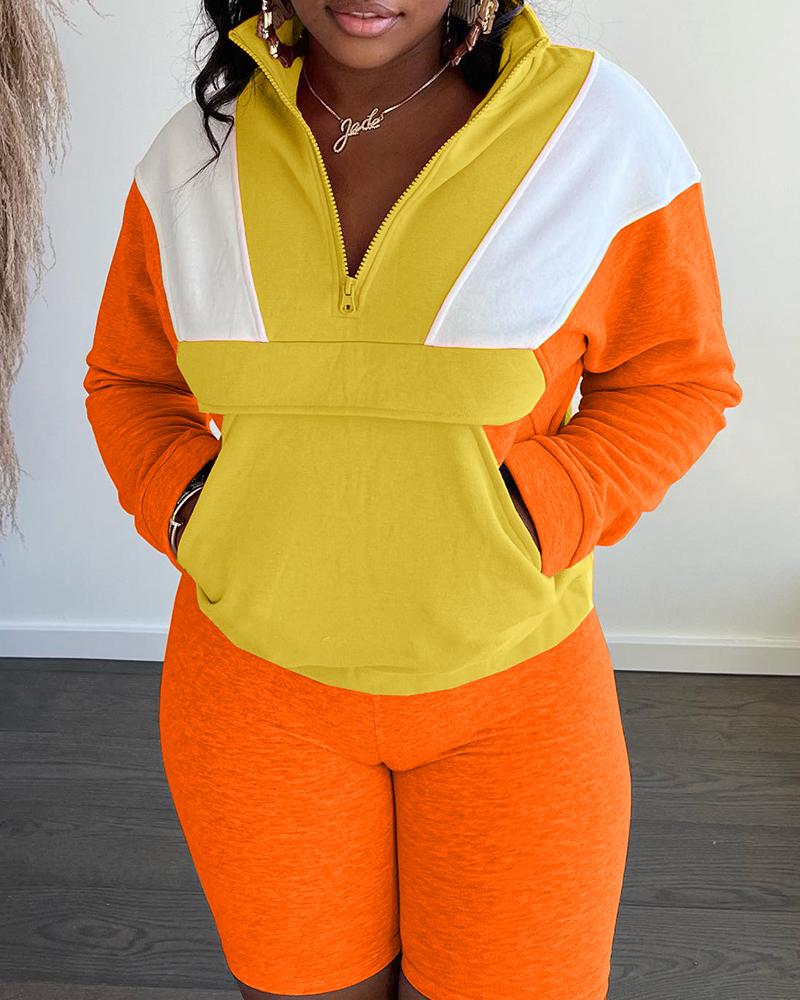 

Colorblock Pocket Design Sweatshirt & High Waist Shorts Set, Orange