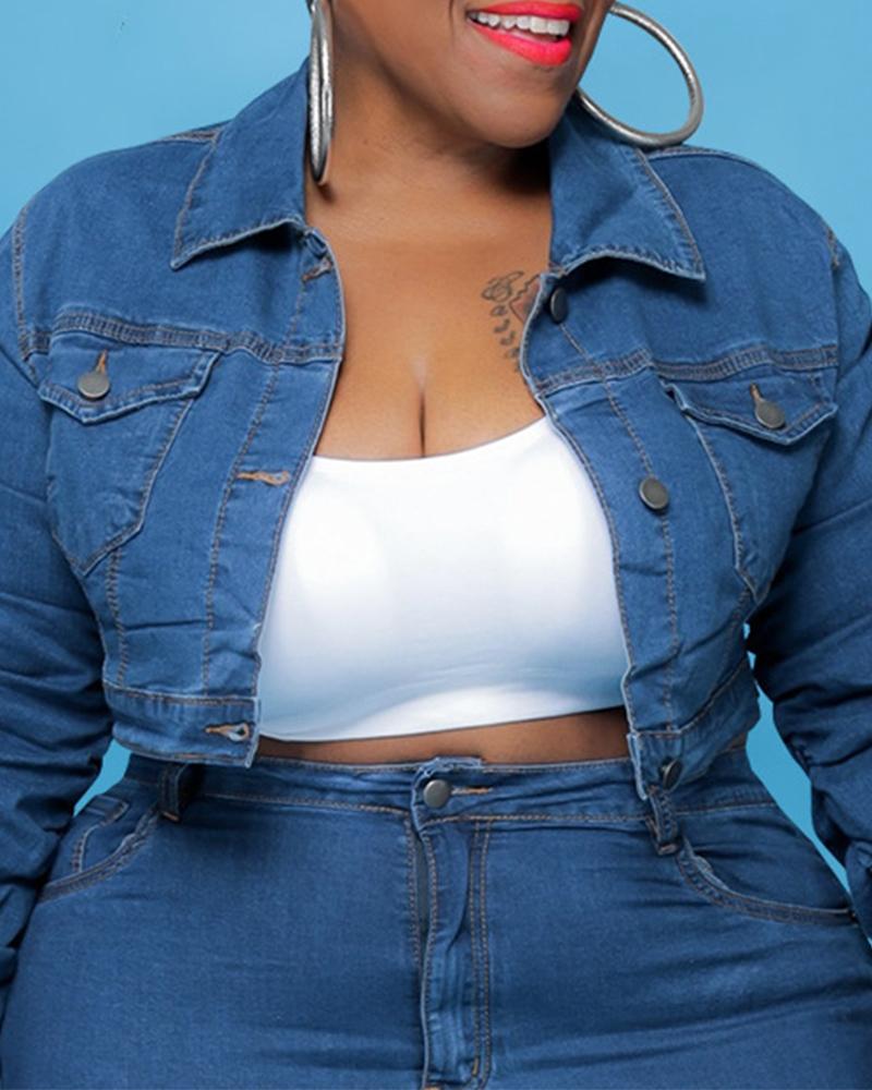

Plus Size Flap Detail Ruched Long Sleeve Button Front Crop Denim Coat, Blue