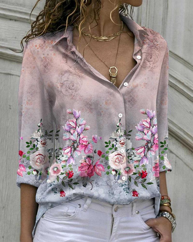 

Floral Print Long Sleeve Button Down Shirt, Pink