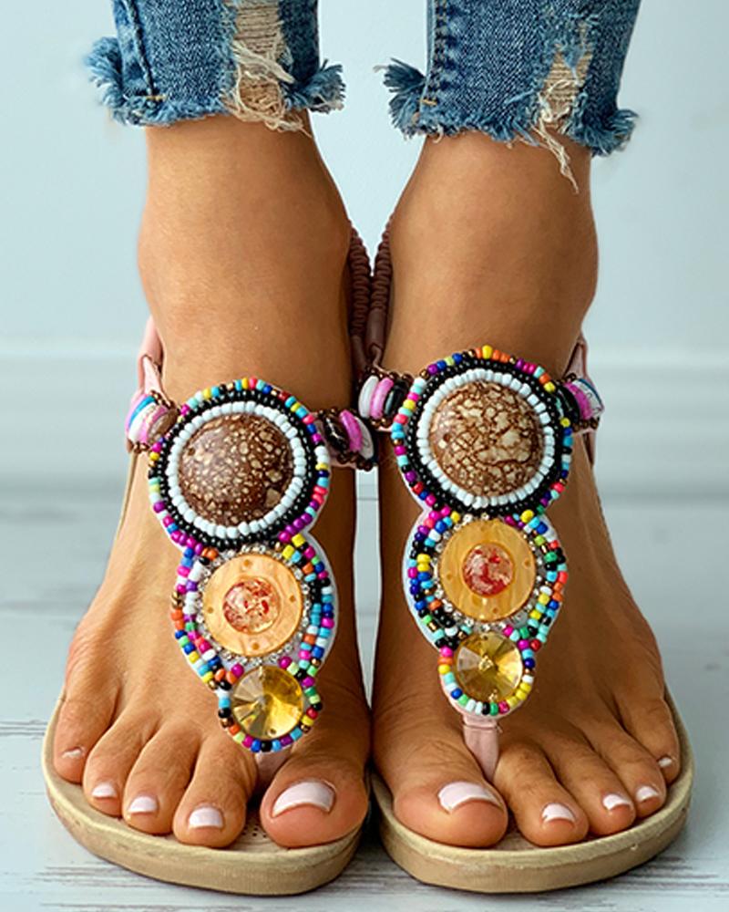 

Rhinestone Colorful Beaded Slingback Flat Sandals, Pink