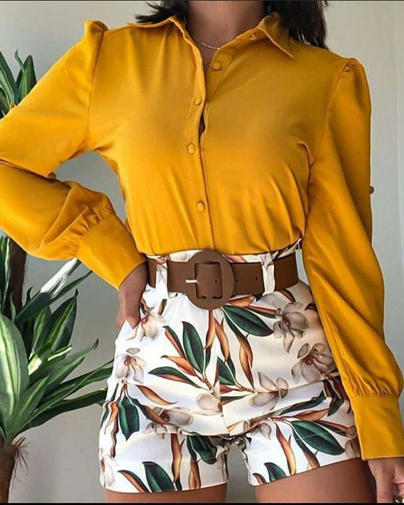 

Long Sleeve Button Down Shirt & Plants Print Shorts Set With Belt, Yellow