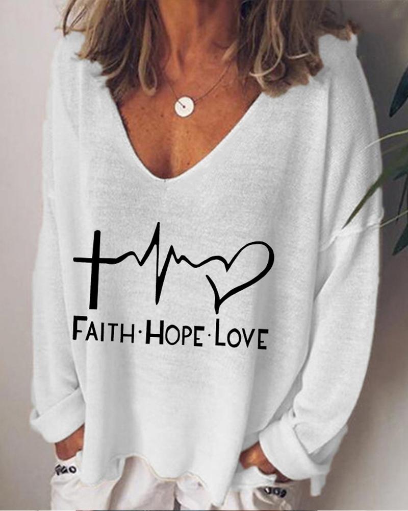 

Letter Print Long Sleeve Blouse, White