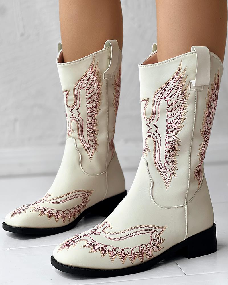 

Bird Embroidery Cowgirl Chunky Heel Vintage Ankle Boots, Beige