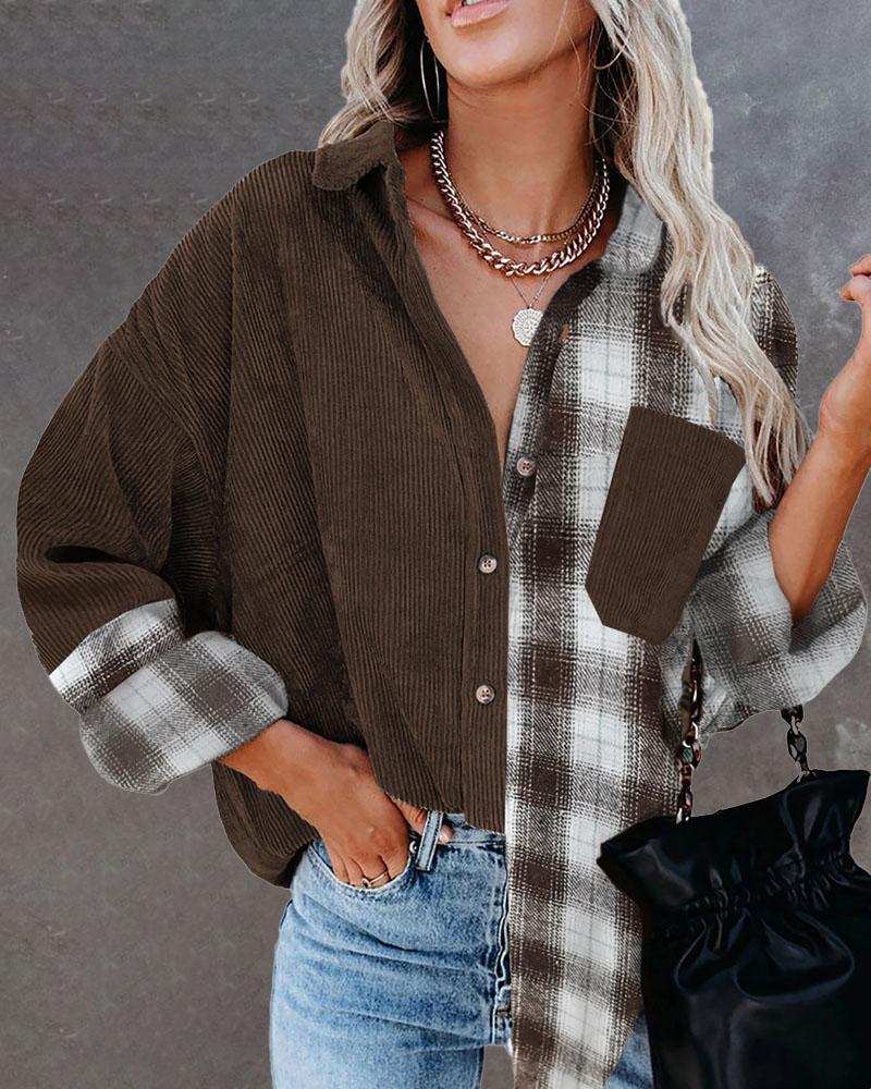 

Plaid Print Patchwork Button Down Corduroy Shacket, Brown
