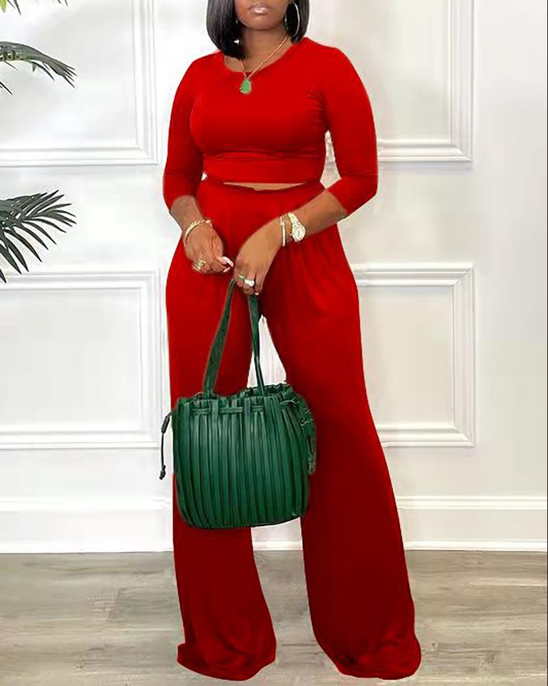 

Long Sleeve Crop Top & High Waist Pants Set, Red