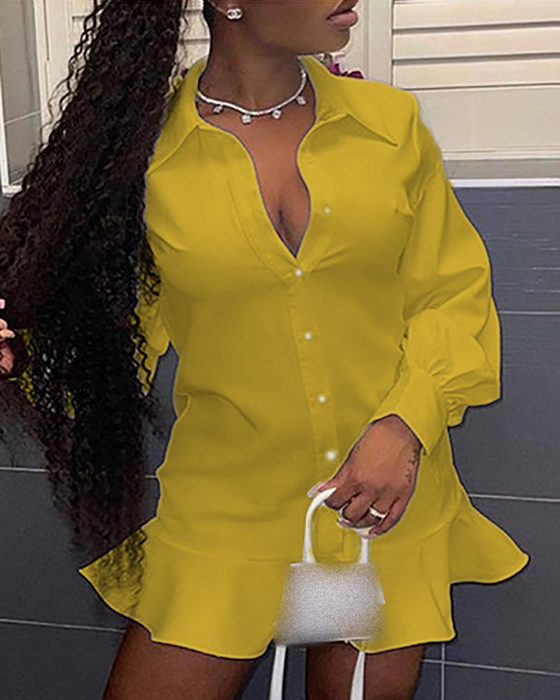 

Ruffle Hem Lantern Sleeve Buttoned Shirt Dress, Yellow